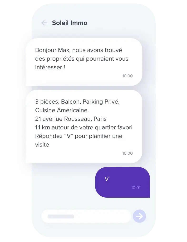 Conversation SMS proposant &agrave; un client de visiter un bien immobilier