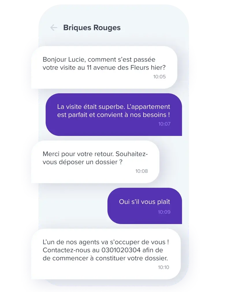 Conversation SMS visant &agrave; valider un dossier pour la location d'un bien immobilier