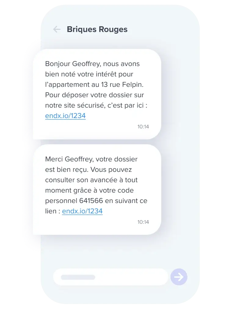 Conversation SMS s&eacute;curis&eacute;e entre une agence immobili&egrave;re et un client