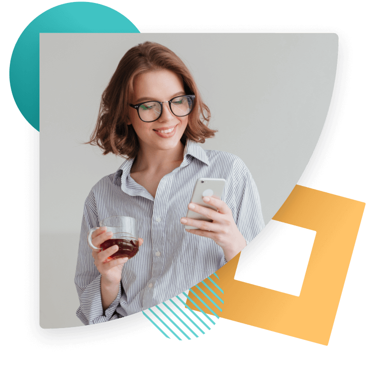 Woman with coffee using mobile phone representing conversational messaging